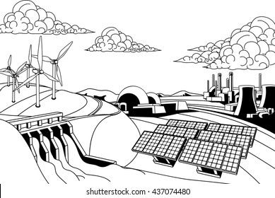 Power Energy Generation. Renewable Sources Like Hydroelectric Dam, Solar And Wind Also Nuclear And Coal Power Plants
