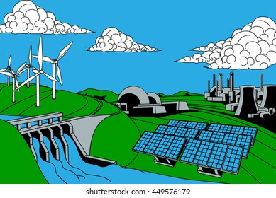 Power or energy generation sources. Includes renewable sources such as hydroelectric dam, solar and wind also nuclear and coal power plants