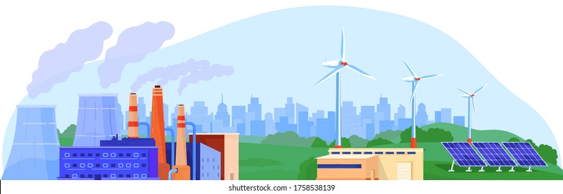 Power energy generator vector illustration. Cartoon flat landscape with power generating plant, nuclear reactor station, wind turbine, solar panel. Alternative eco renewable energy isolated on white