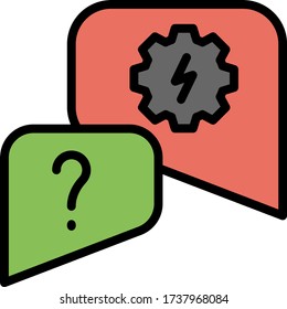 Power Energy Hilfe Faq Vektor Farbe Symbol Design. Expertenkonzept zur Unterstützung des Elektrizitätsforums. Chat-Blase mit dem Symbol für elektrische Ladung auf weißem Hintergrund, Cogwheel mit Thunder Bolth-Zeichen