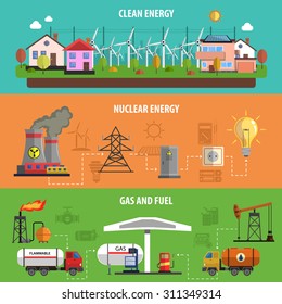  Power and energy horizontal banners set with gas and fuel flat isolated vector illustration 