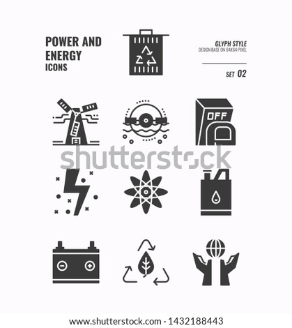 Power and energy icon set 2, Trash, recycle, atom, water power, save world, reuse and more, Glyph icons Design. vector