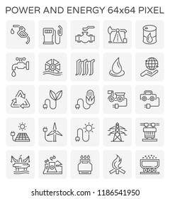 Power and energy icon set, 64x64 perfect pixel and editable stroke.