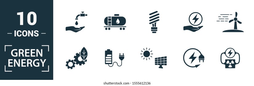 Power And Energy icon set. Include creative elements green energy, solar energy, biomass, energy development, saving icons. Can be used for report, presentation, diagram, web design.