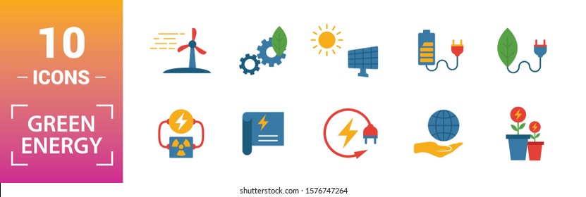 Power And Energy icon set. Include creative elements green energy, solar energy, biomass, energy development, saving icons. Can be used for report, presentation, diagram, web design.