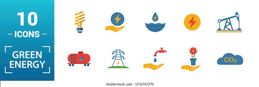 Power And Energy icon set. Include creative elements green energy, solar energy, biomass, energy development, saving icons. Can be used for report, presentation, diagram, web design.