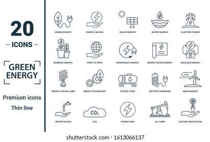 Power And Energy icon set. Include creative elements green energy, solar energy, biomass, energy development, saving icons. Can be used for report, presentation, diagram, web design.