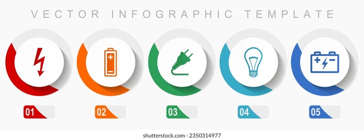 Power and energy icon set, miscellaneous icons such as bolt, battery, plug and light bulb, flat design vector infographic template, web buttons in 5 color options