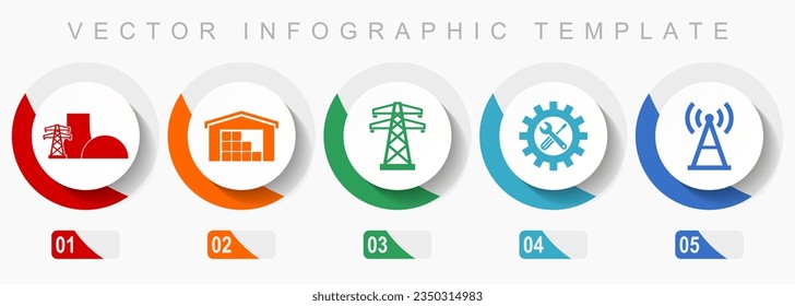 Power and energy icon set, miscellaneous icons such as power plant, warehouse, powerline, service and antenna, flat design vector infographic template, web buttons in 5 color options