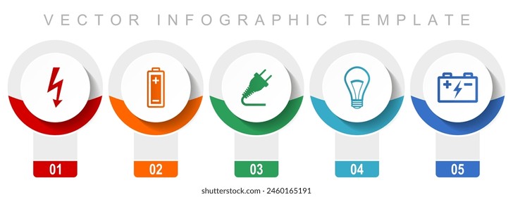 Power and energy icon set, miscellaneous vector icons such as bolt, battery, plug and light bulb, modern design infographic template, web buttons in 5 color options