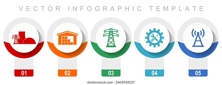 Power and energy icon set, miscellaneous vector icons such as power plant, warehouse, powerline, service and antenna, modern design infographic template, web buttons in 5 color options