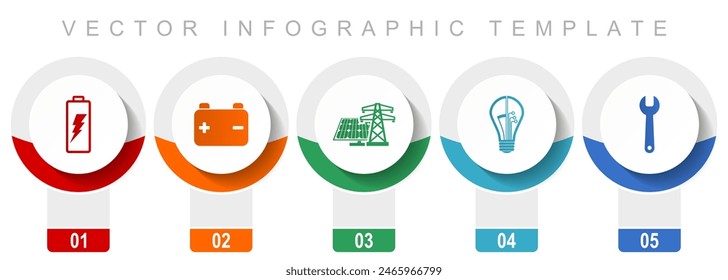 Power and energy icon set, miscellaneous vector icons such as battery, solar power, light bulb and tool, modern design infographic template, web buttons in 5 color options