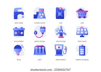 Power and energy icons in a flat cartoon design with blue colors. Small cartoon images introduce different types of alternative energy in the modern world. Vector illustration.