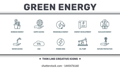 Power And Energy icons thin line set collection. Includes creative elements such as Biomass Energy, Earth Saving, Renewable Energy, Energy Development, Nuclear and Power Sing premium icons.