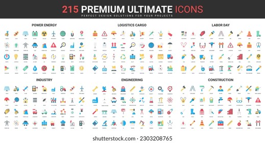 Power energy industry, construction and engineering, cargo delivery color flat icons set vector illustration. Abstract symbols of logistics, labor day and tools simple design for mobile and web apps