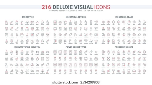 Power energy and industry, socket types and electrical appliances, car diagnostics, gears line icon set. Industrial machines and warehouse thin black and red outline symbols vector illustration