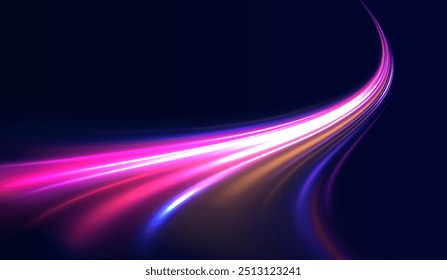 Power energy. LED glare tape. Futuristic dynamic motion technology. Racing cars dynamic flash effects city road with long exposure night lights.