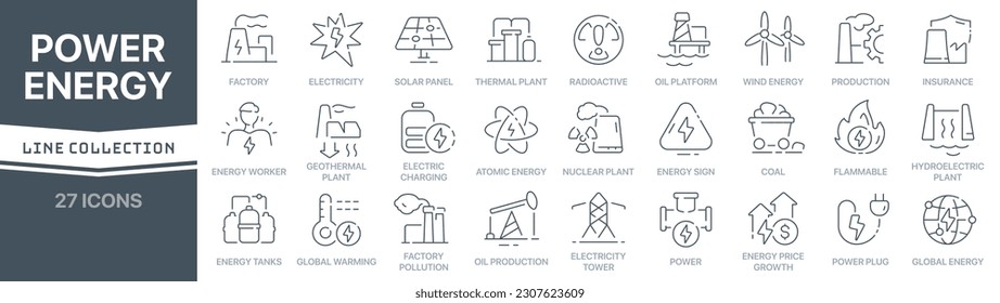 Colección de iconos con signo lineal de energía y energía. Colección de iconos de línea delgada firmada. Conjunto de iconos de esquema simple de energía y energía