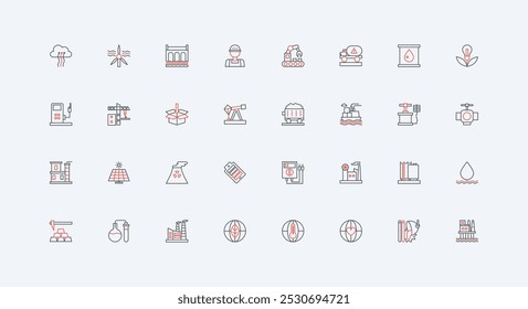 Power energy, oil and gas, coal industry, manufacturing line icon set. Chemical, petrochemical factory and machinery, foundry, electricity thin black and red outline symbols vector illustration