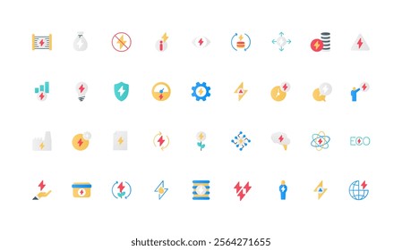 Power energy plant and eco technology, electric charger color icon set with lightning and arrow sign. Alert of fast bolt stroke and flash, lightening, gear and fuel flat elements vector illustration