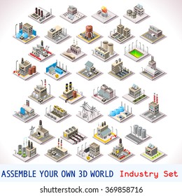 Power Energy Plant Urban Factory Farm Industry Nuclear Icon Heating Gas Elevator Industrial Exterior. Isometric Building Game Tiles. Flat 3D City Map Isolated Infographic Element Set Vector Collection