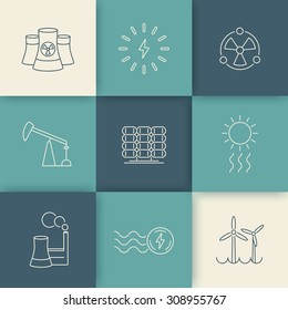 Power, energy production, electric industry, line icons on geometric background, vector illustration, eps10, easy to edit