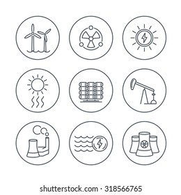 Power, energy production, energetics, electric industry, line icons in circles, vector illustration