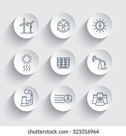 Power, energy production, energetics, solar, nuclear energy, line round icons, vector illustration