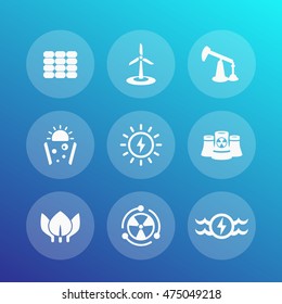 Power, energy production icons set, energetics, different sources of energy, nuclear, solar, wind, water