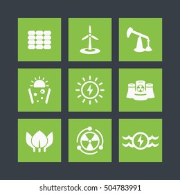 Power, energy production icons set, energetics, different sources of energy, solar, wind, nuclear, water