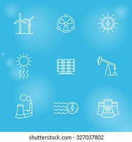 Power, energy production, nuclear energetics, electric industry, line icons set, vector illustration