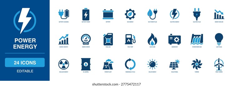 Power Energy Solid Icon Set emphasizing battery charging eco electric plug decline growth meter fuel pump gas flame generator hydropower dam light bulb nuclear oil barrel bank plant and switch
