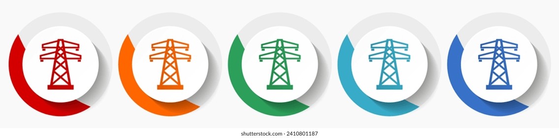 Power, energy tower vector icon set, flat icons for logo design, webdesign and mobile applications, colorful round buttons