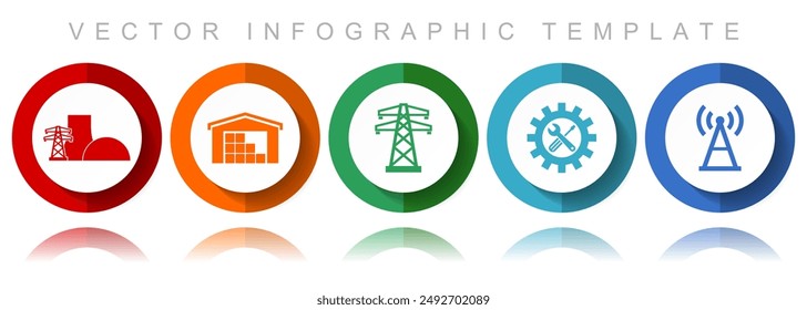 Power and energy vector icon collection, miscellaneous icons such as power plant, warehouse, powerline, service and antenna, flat design infographic template in eps 10