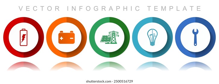 Power and energy vector icon collection, miscellaneous icons such as battery, solar power, light bulb and tool, flat design infographic template in eps 10