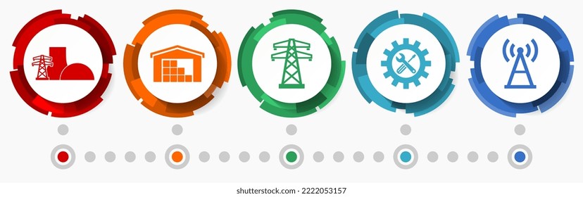 Power and energy vector icon set, industry infographic template, flat design web buttons
