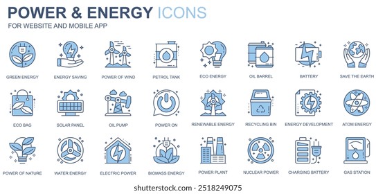 Power and energy web icons set in duotone line design. Pack of green, petrol tank, eco, oil barrel, battery, solar panel, recycling bin, renewable, other outline stroke pictograms. Vector illustration