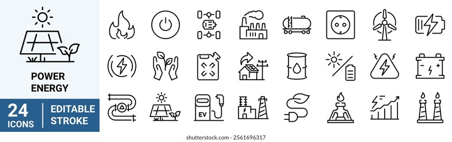 Power and energy web line icons set. Energy generation station. Vector illustration alternative renewable energy sources included solar, tidal, geothermal and biomass Editable strokes