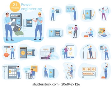 Power engineering flat set of electricians repairing and testing equipment and working with outdoor lighting isolated vector illustration