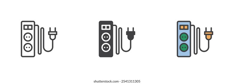 Cable de extensión de alimentación con interruptor de diferente estilo conjunto de iconos. Línea, glifo y contorno relleno versión colorida, contorno y signo de Vector relleno. Símbolo, ilustración del logotipo. Gráficos de Vector