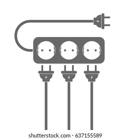 Power extension cord. Vector illustration. Gray extension cord with three wire plugs, on white background.