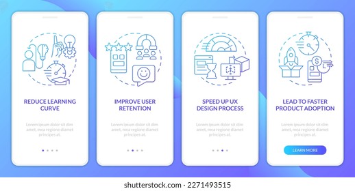 Power of familiarity in web design blue gradient onboarding mobile app screen. Walkthrough 4 steps graphic instructions with linear concepts. UI, UX, GUI template. Myriad Pro-Bold, Regular fonts used