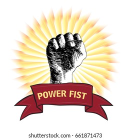 Power Fist Abstract Emblem, revolution concept. Symbol or Logo Template. Winner hand up fist vector. Vector illustration, vintage engraving style