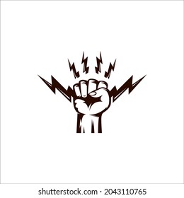 Power Fist Abstract Vector Emblem, Symbol or Logo Template. Hand Holding Lightning Bolt Silhouette