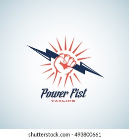 Power Fist Abstract Vector Emblem, Symbol or Logo Template. Hand Holding Lightning Bolt Silhouette with Retro Typography. Isolated.