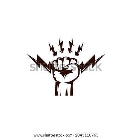 Power Fist Abstract Vector Emblem, Symbol or Logo Template. Hand Holding Lightning Bolt Silhouette
