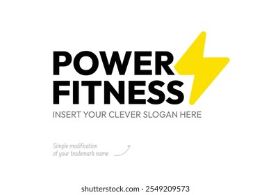 Plantilla de logotipos de Power Fitness con tipografía atrevida, ícono de relámpago y espacio de eslogan personalizable: diseño moderno de Profesional para gimnasio, deportes, entrenamiento personal o marca de salud y bienestar