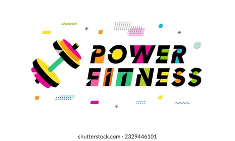 Power fitness logo. Vector emblem with colored dumbbell and letterig for fit gym sport design or bodybuilder symbol