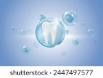 The power of fluoride, a salt of the element fluorine. Protects strong, clean, white teeth and prevents tooth decay. Realistic vector background.