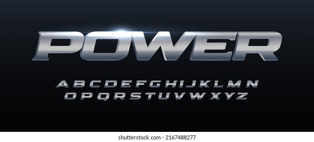 Power Font Iron Alphabet. Metal Logo Typography. Steel Typographic Design. Wide Bold Italic Letters For Speed Logo, Race Headline, Automotive Monogram, Lettering, And Branding Type. Vector Typeset